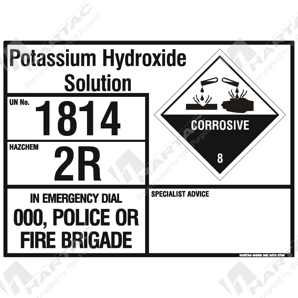 Emergency Information Panel Hazchem Sign Eip Potassium Hydroxide Solution Company Name Hartac Australia