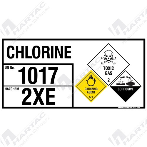 Hs6851 Hazchem Eip Chlorine Metal Non Reflective Un1017 Hazcode 2xe Class 2 3 Subclass 5 1 8 800mm X 400mm Hartac Australia