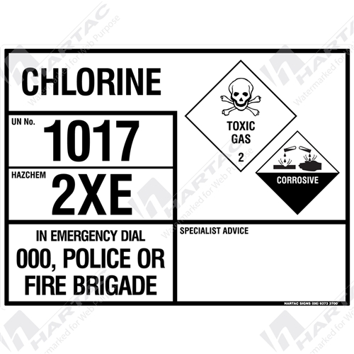 Emergency Information Panel Hazchem Sign Eip Chlorine Company Name Hartac Australia