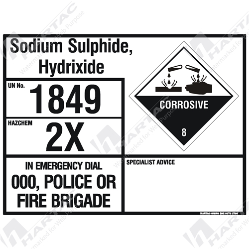 Emergency Information Panel - Hazchem Sign (EIP) Sodium Sulphide Hydroxide  - Company Name - Hartac Australia